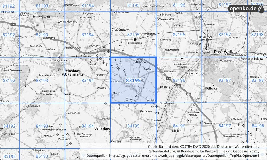 Übersichtskarte des KOSTRA-DWD-2020-Rasterfeldes Nr. 83195