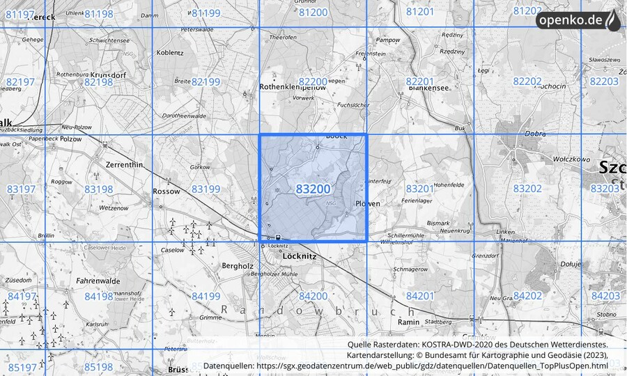 Übersichtskarte des KOSTRA-DWD-2020-Rasterfeldes Nr. 83200