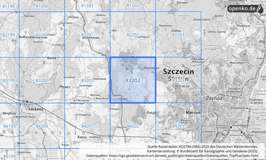 Übersichtskarte des KOSTRA-DWD-2020-Rasterfeldes Nr. 83202