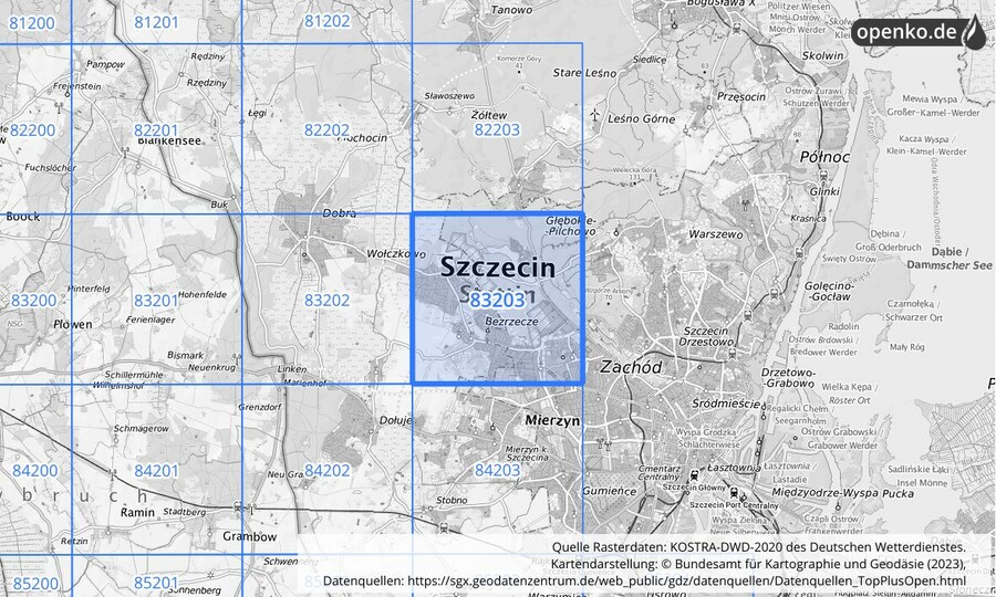 Übersichtskarte des KOSTRA-DWD-2020-Rasterfeldes Nr. 83203