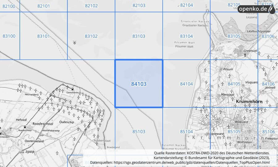 Übersichtskarte des KOSTRA-DWD-2020-Rasterfeldes Nr. 84103