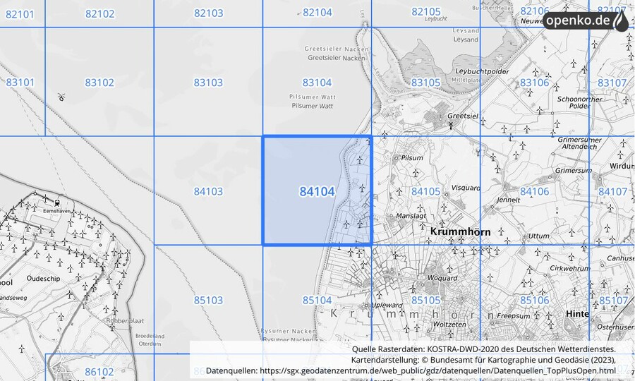 Übersichtskarte des KOSTRA-DWD-2020-Rasterfeldes Nr. 84104