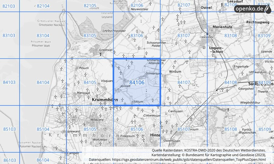 Übersichtskarte des KOSTRA-DWD-2020-Rasterfeldes Nr. 84106