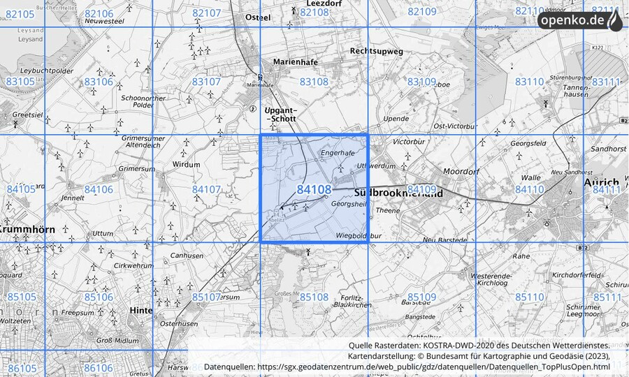 Übersichtskarte des KOSTRA-DWD-2020-Rasterfeldes Nr. 84108