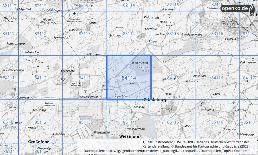 Übersichtskarte des KOSTRA-DWD-2020-Rasterfeldes Nr. 84114