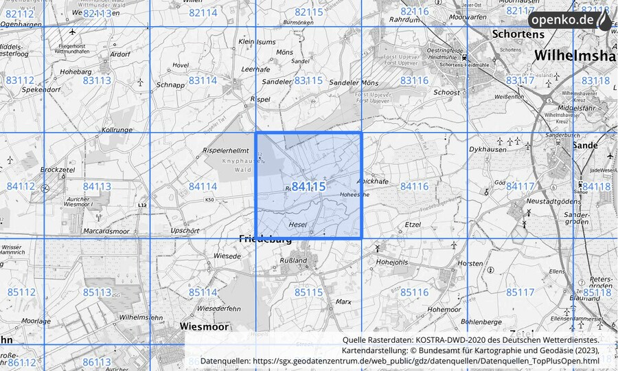 Übersichtskarte des KOSTRA-DWD-2020-Rasterfeldes Nr. 84115