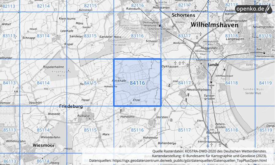 Übersichtskarte des KOSTRA-DWD-2020-Rasterfeldes Nr. 84116