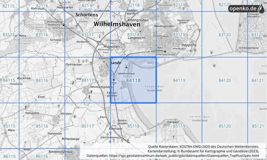 Übersichtskarte des KOSTRA-DWD-2020-Rasterfeldes Nr. 84118