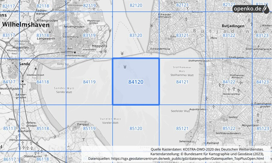 Übersichtskarte des KOSTRA-DWD-2020-Rasterfeldes Nr. 84120