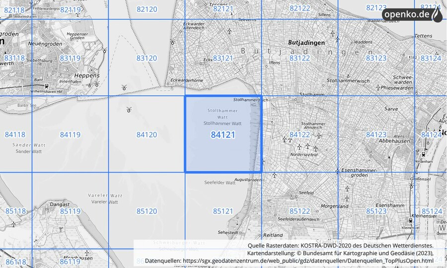 Übersichtskarte des KOSTRA-DWD-2020-Rasterfeldes Nr. 84121