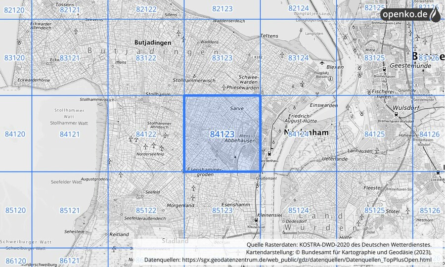 Übersichtskarte des KOSTRA-DWD-2020-Rasterfeldes Nr. 84123