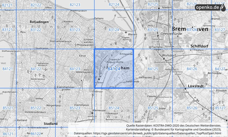 Übersichtskarte des KOSTRA-DWD-2020-Rasterfeldes Nr. 84124