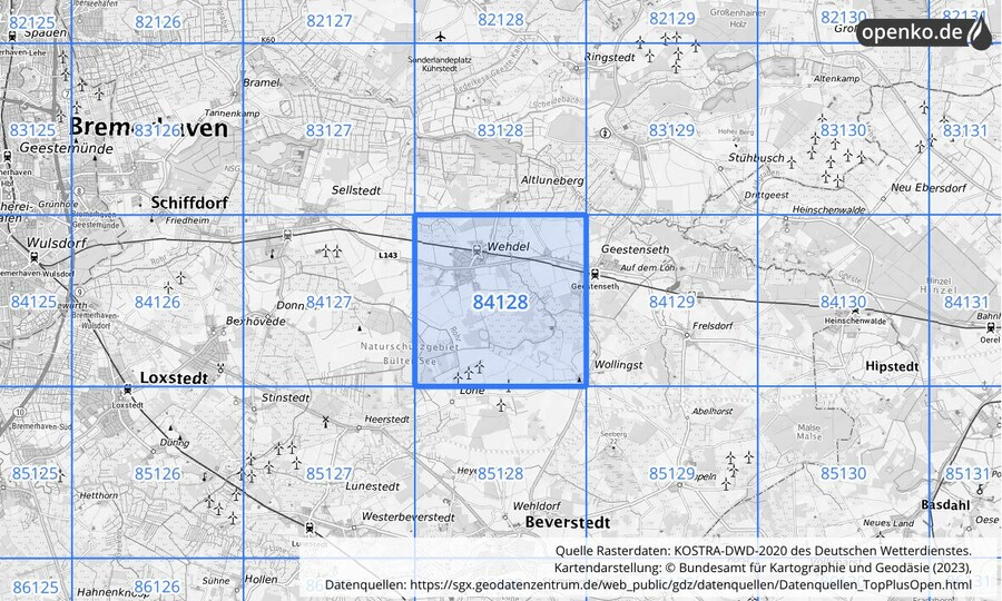 Übersichtskarte des KOSTRA-DWD-2020-Rasterfeldes Nr. 84128