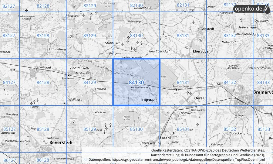 Übersichtskarte des KOSTRA-DWD-2020-Rasterfeldes Nr. 84130