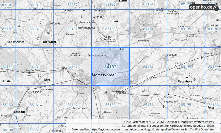 Übersichtskarte des KOSTRA-DWD-2020-Rasterfeldes Nr. 84133