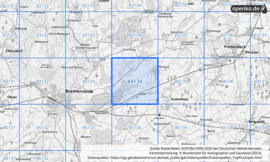 Übersichtskarte des KOSTRA-DWD-2020-Rasterfeldes Nr. 84134