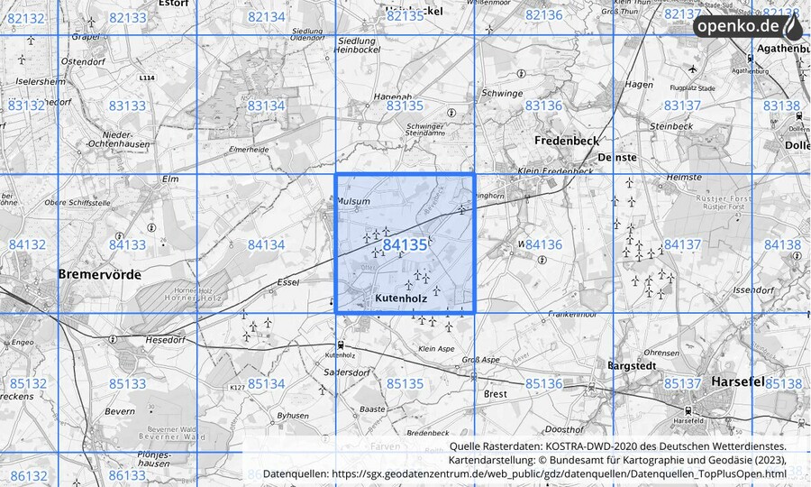 Übersichtskarte des KOSTRA-DWD-2020-Rasterfeldes Nr. 84135