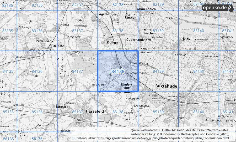 Übersichtskarte des KOSTRA-DWD-2020-Rasterfeldes Nr. 84138