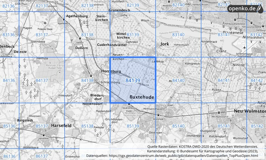 Übersichtskarte des KOSTRA-DWD-2020-Rasterfeldes Nr. 84139