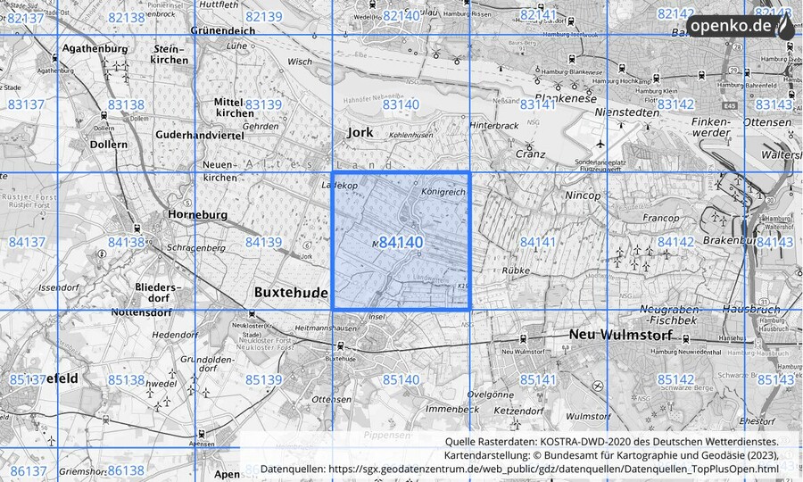 Übersichtskarte des KOSTRA-DWD-2020-Rasterfeldes Nr. 84140