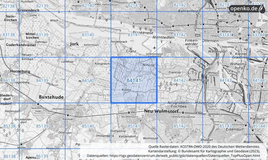 Übersichtskarte des KOSTRA-DWD-2020-Rasterfeldes Nr. 84141