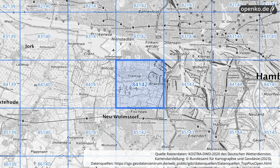 Übersichtskarte des KOSTRA-DWD-2020-Rasterfeldes Nr. 84142