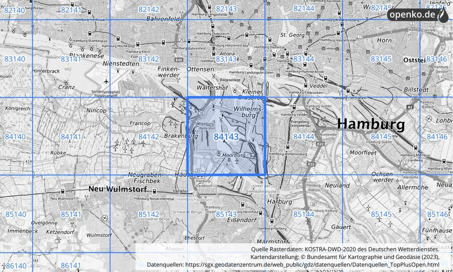 Übersichtskarte des KOSTRA-DWD-2020-Rasterfeldes Nr. 84143