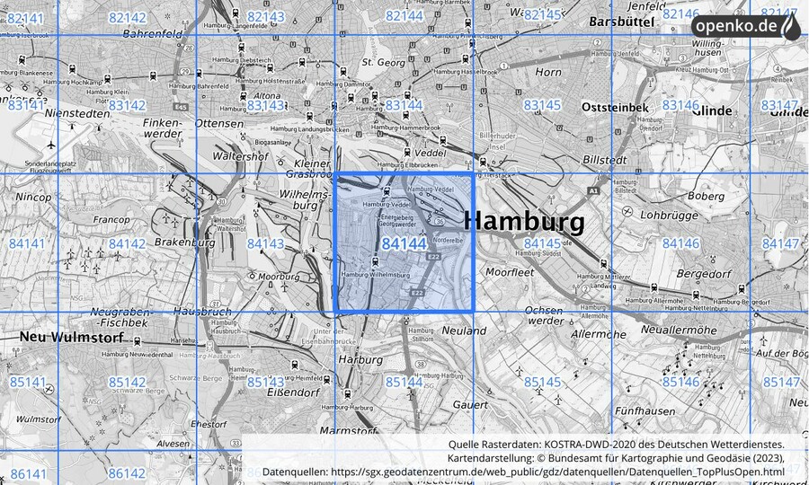 Übersichtskarte des KOSTRA-DWD-2020-Rasterfeldes Nr. 84144