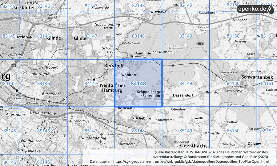 Übersichtskarte des KOSTRA-DWD-2020-Rasterfeldes Nr. 84148