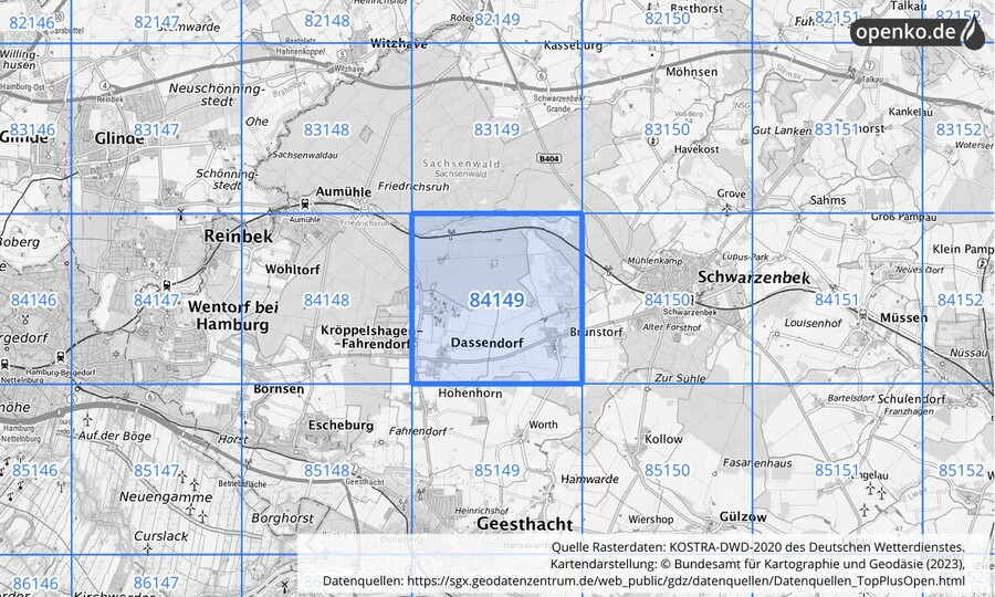 Übersichtskarte des KOSTRA-DWD-2020-Rasterfeldes Nr. 84149