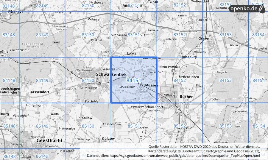 Übersichtskarte des KOSTRA-DWD-2020-Rasterfeldes Nr. 84151