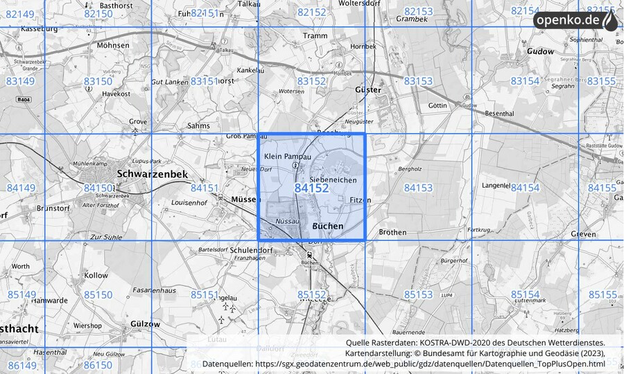 Übersichtskarte des KOSTRA-DWD-2020-Rasterfeldes Nr. 84152