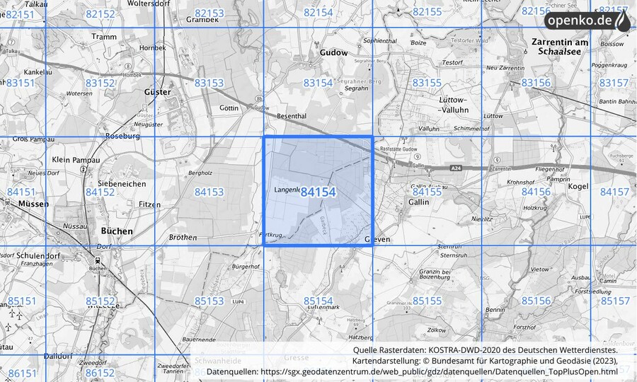 Übersichtskarte des KOSTRA-DWD-2020-Rasterfeldes Nr. 84154