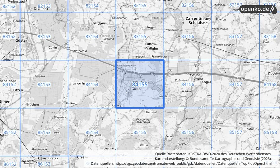 Übersichtskarte des KOSTRA-DWD-2020-Rasterfeldes Nr. 84155