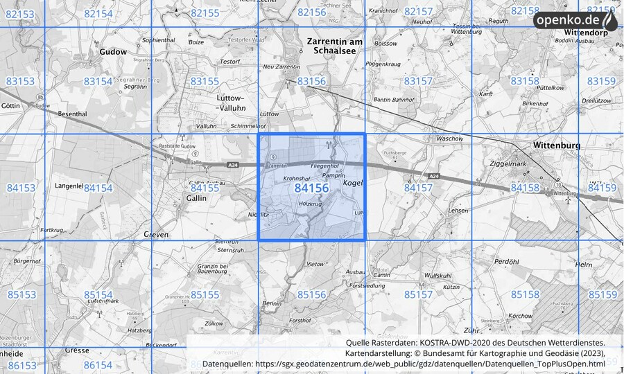 Übersichtskarte des KOSTRA-DWD-2020-Rasterfeldes Nr. 84156