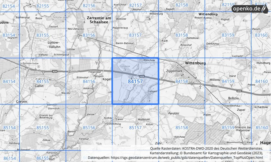 Übersichtskarte des KOSTRA-DWD-2020-Rasterfeldes Nr. 84157