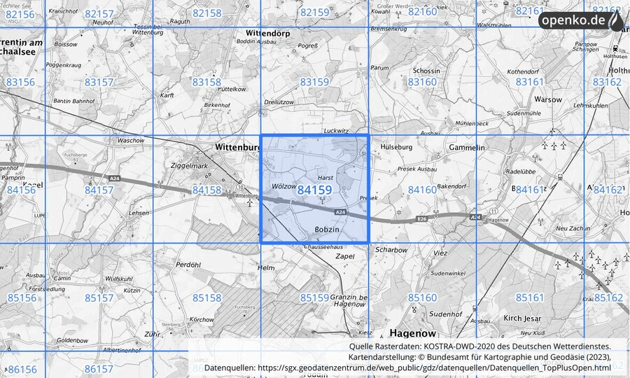 Übersichtskarte des KOSTRA-DWD-2020-Rasterfeldes Nr. 84159