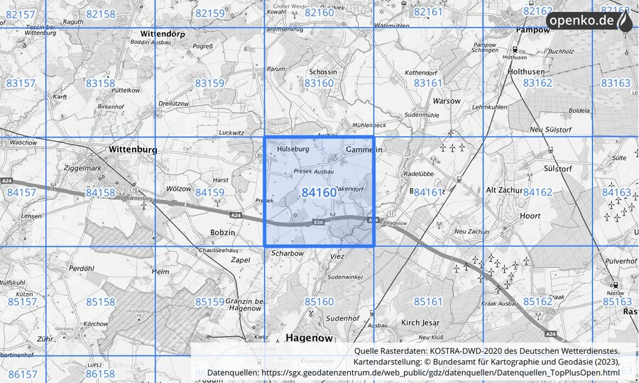 Übersichtskarte des KOSTRA-DWD-2020-Rasterfeldes Nr. 84160