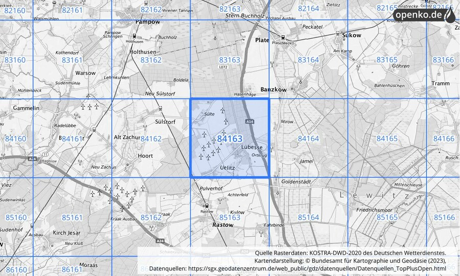 Übersichtskarte des KOSTRA-DWD-2020-Rasterfeldes Nr. 84163