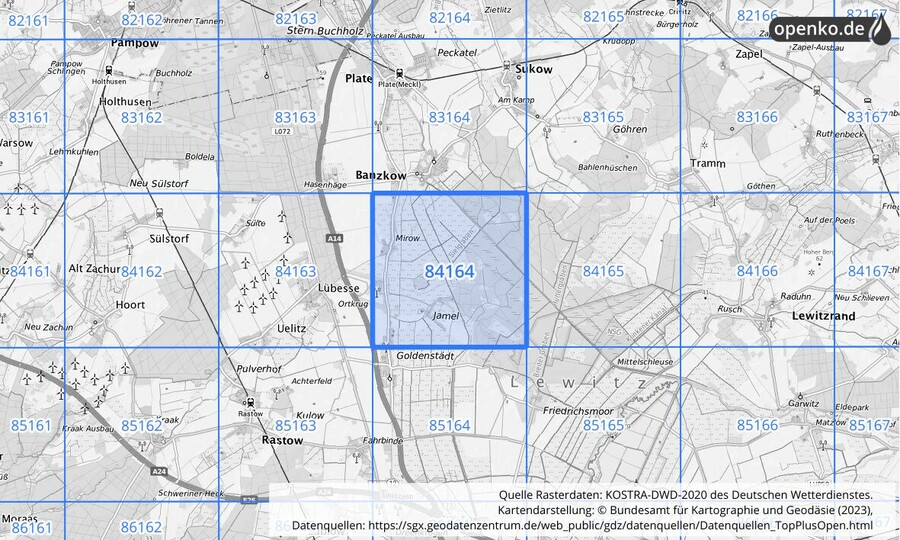 Übersichtskarte des KOSTRA-DWD-2020-Rasterfeldes Nr. 84164