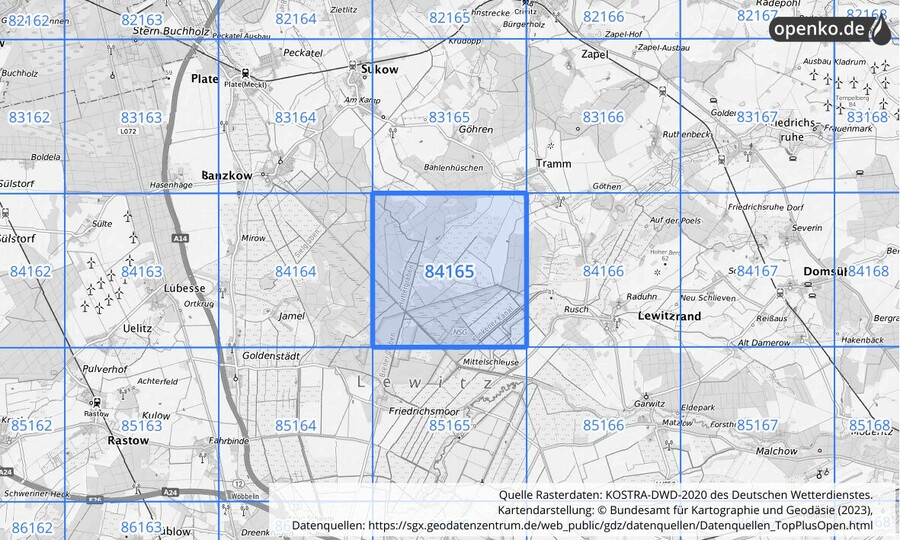 Übersichtskarte des KOSTRA-DWD-2020-Rasterfeldes Nr. 84165