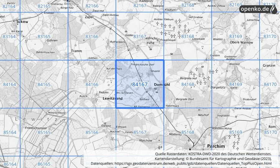 Übersichtskarte des KOSTRA-DWD-2020-Rasterfeldes Nr. 84167