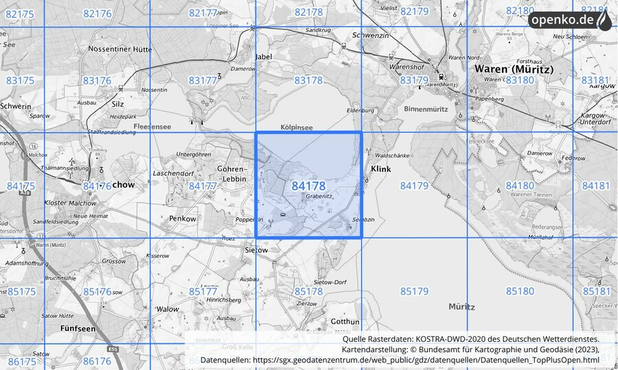 Übersichtskarte des KOSTRA-DWD-2020-Rasterfeldes Nr. 84178