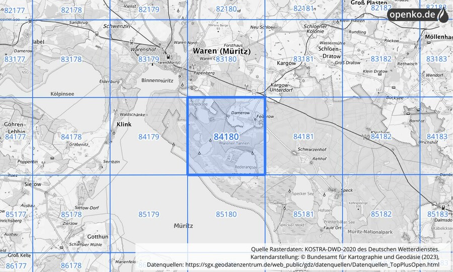 Übersichtskarte des KOSTRA-DWD-2020-Rasterfeldes Nr. 84180