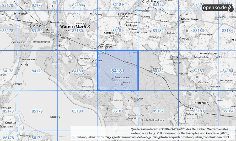 Übersichtskarte des KOSTRA-DWD-2020-Rasterfeldes Nr. 84181