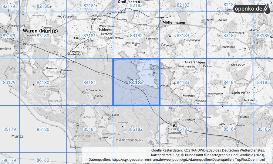 Übersichtskarte des KOSTRA-DWD-2020-Rasterfeldes Nr. 84182