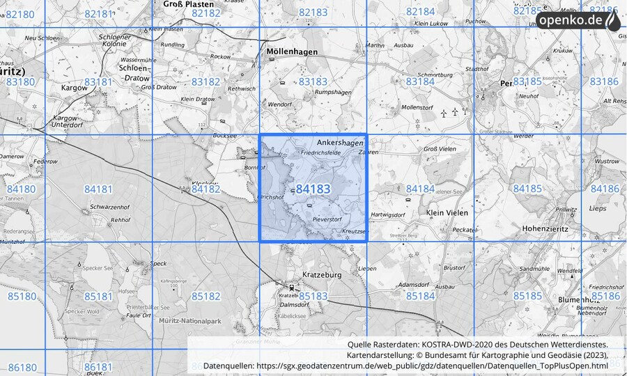 Übersichtskarte des KOSTRA-DWD-2020-Rasterfeldes Nr. 84183