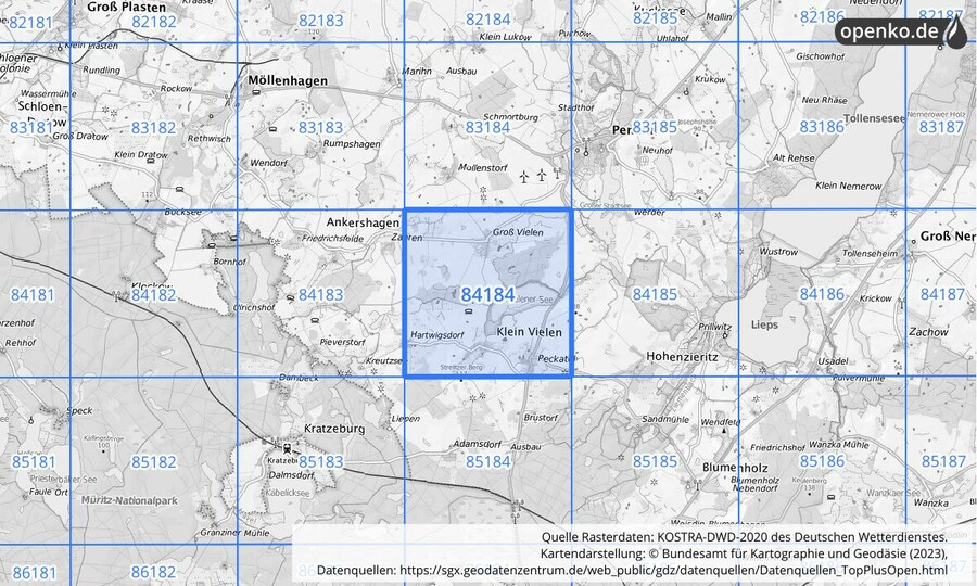 Übersichtskarte des KOSTRA-DWD-2020-Rasterfeldes Nr. 84184