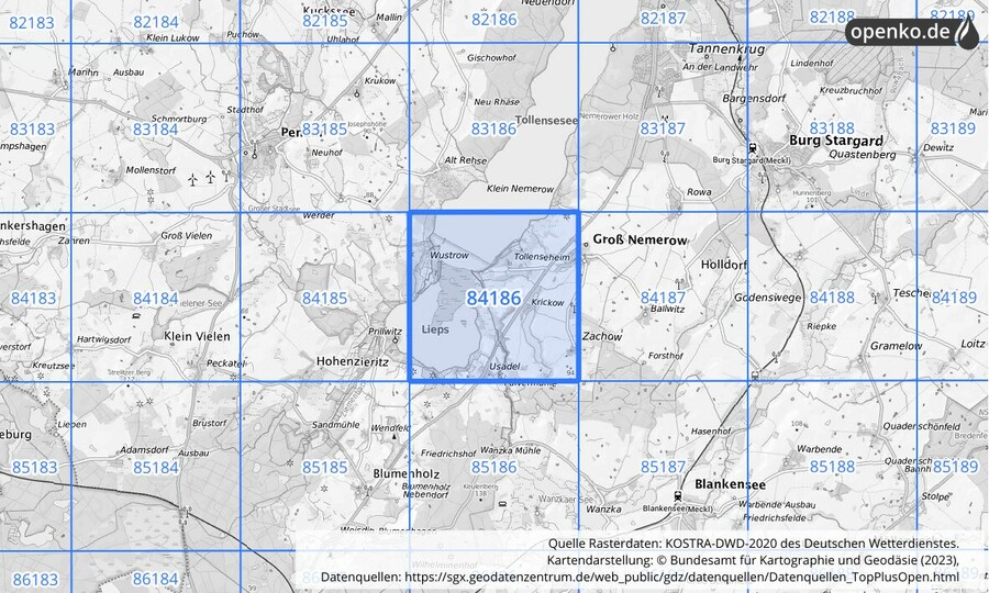 Übersichtskarte des KOSTRA-DWD-2020-Rasterfeldes Nr. 84186