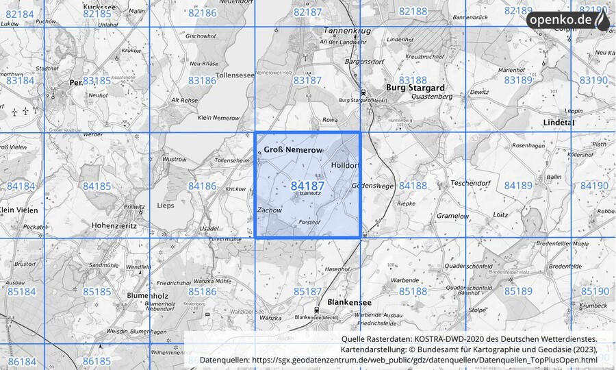 Übersichtskarte des KOSTRA-DWD-2020-Rasterfeldes Nr. 84187